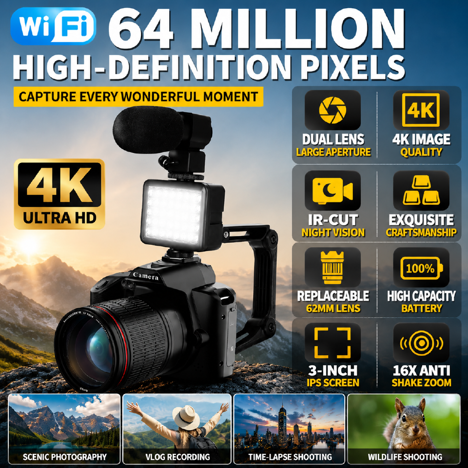 4K Digital Camera 64MP WiFi Vlogging Camera with IR Night Vision, 16X Zoom, 3.0" IPS Screen, Upgraded LED Fill Light & External Microphone