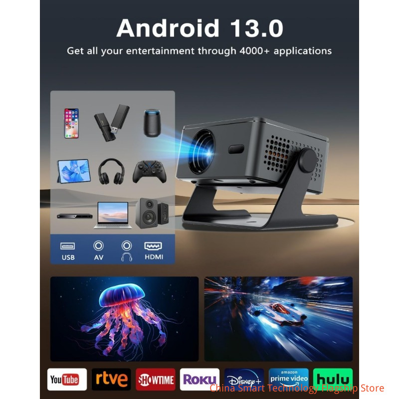 [2026 Upgraded & Android 13.0] Projector, Mini Projector for Bedroom, Built-in Apps 4K 1080P Vision Beam Projector, 180 Rotation with Wifi Bluetooth, Auto Keystone, Video Projectors for Home Cinema