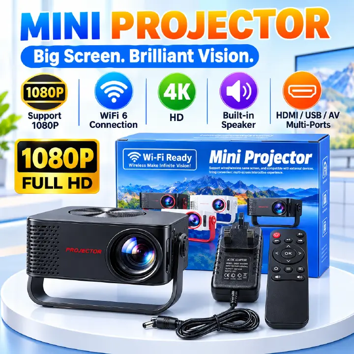 【 Gift Version 】Portable projector Supports 4K HD 1080P, automatic trapezoidal distortion correction 270 ° rotatable, compatible with HDMI/USB