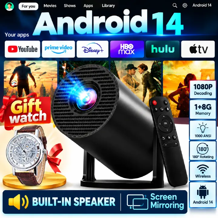 【Gift watch 】Android version 14 HY300 PRO+2026 | 12000 brightness Portable home and outdoor cinemas. 1080P full HD WiFi projector | Screen mirroring for iOS/Android | Gaming and HDMI compatible