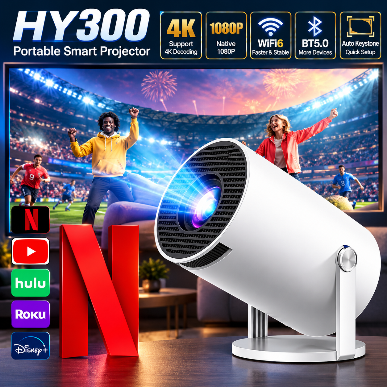 【Gift package】2026 New HY300 Projector, WiFi 6 & Bluetooth 5.0 Portable Projector, 1080P Full HD & 4K Support, Auto Keystone, Smart Mini Projector for Home Cinema, Movies, Gaming