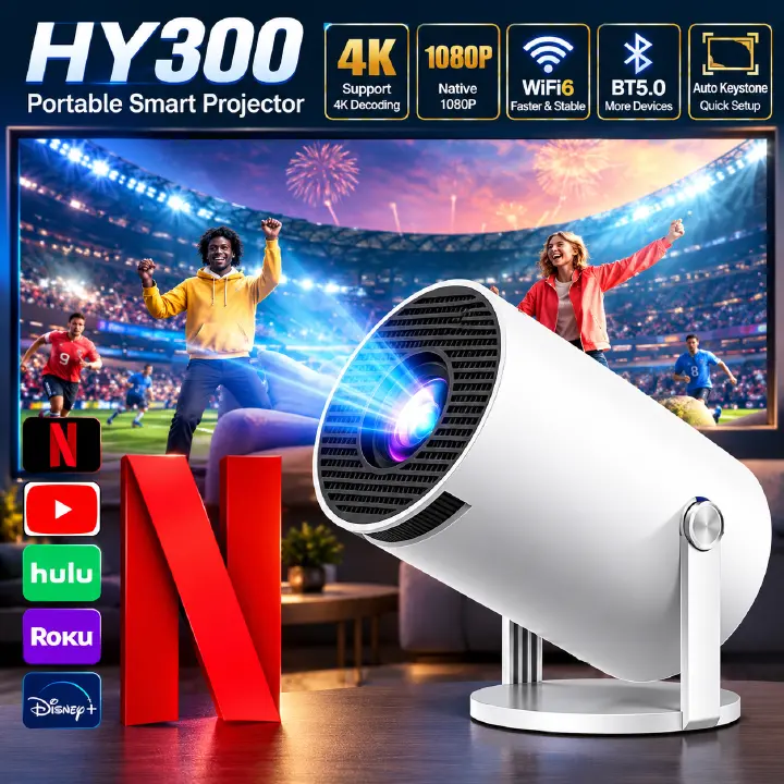 【Gift package】2026 New HY300 Projector, WiFi 6 & Bluetooth 5.0 Portable Projector, 1080P Full HD & 4K Support, Auto Keystone, Smart Mini Projector for Home Cinema, Movies, Gaming
