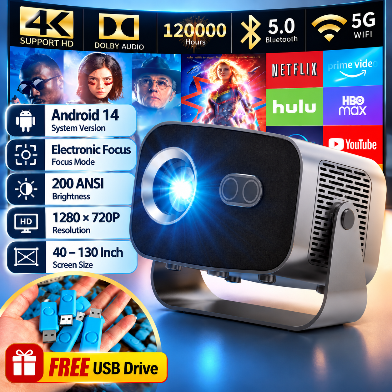 A10 series Android version intelligent 4K projector, native 1080P intelligent video projector with WiFi Bluetooth 5.2 automatic Keystone portable projector, with 90 ° adjustable home theater projector