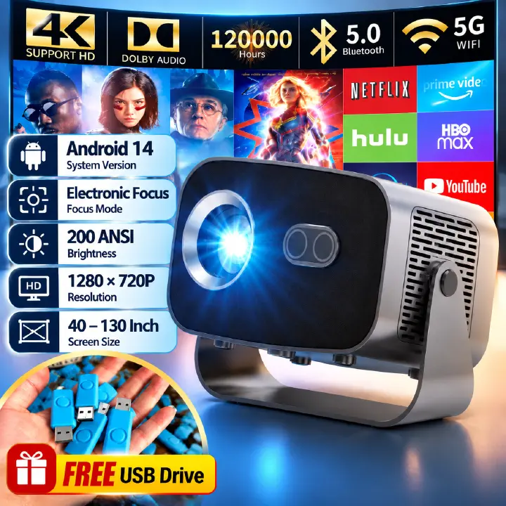 A10 series Android version intelligent 4K projector, native 1080P intelligent video projector with WiFi Bluetooth 5.2 automatic Keystone portable projector, with 90 ° adjustable home theater projector
