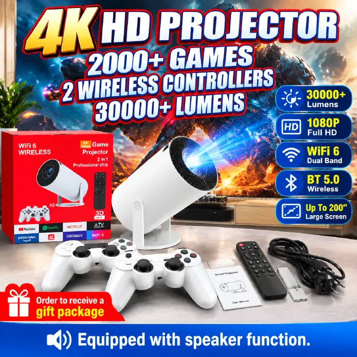 【Gift of USB flash drive】M300 Max projector game console Android system 14 with WIFI and Bluetooth, 4K Blu ray Equipped with a game card and 2 wireless game controllers Running memory 2GB+16GB