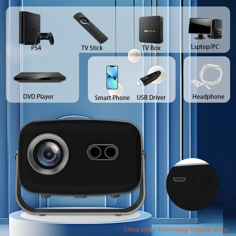 A10 series Android version intelligent 4K projector, native 1080P intelligent video projector with WiFi Bluetooth 5.2 automatic Keystone portable projector, with 90 ° adjustable home theater projector