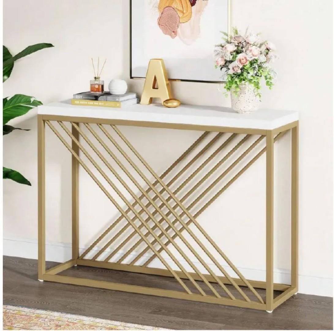 Gamma decorative console/side table with golden metal stand featuring intricated geometric design
