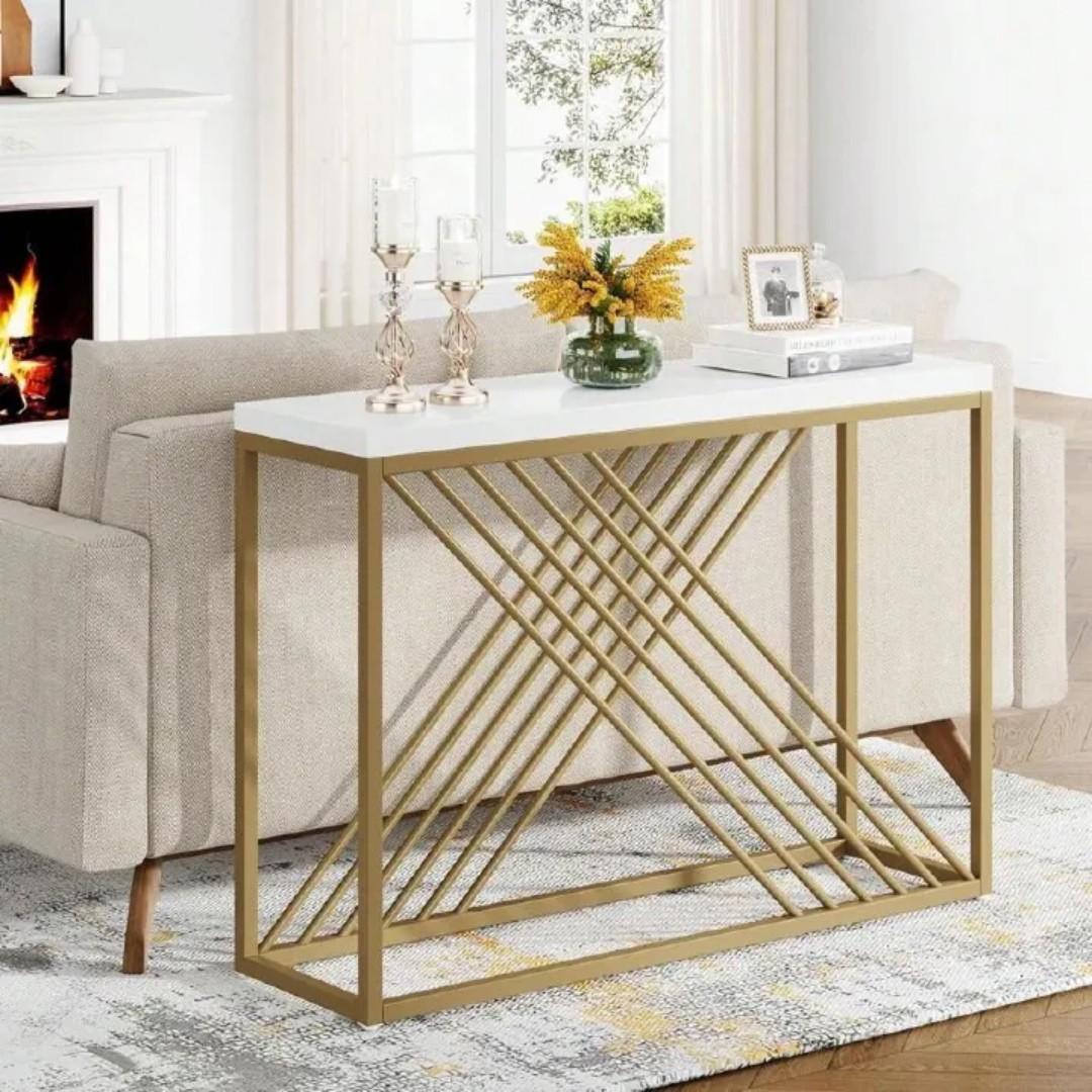 Gamma decorative console/side table with golden metal stand featuring intricated geometric design