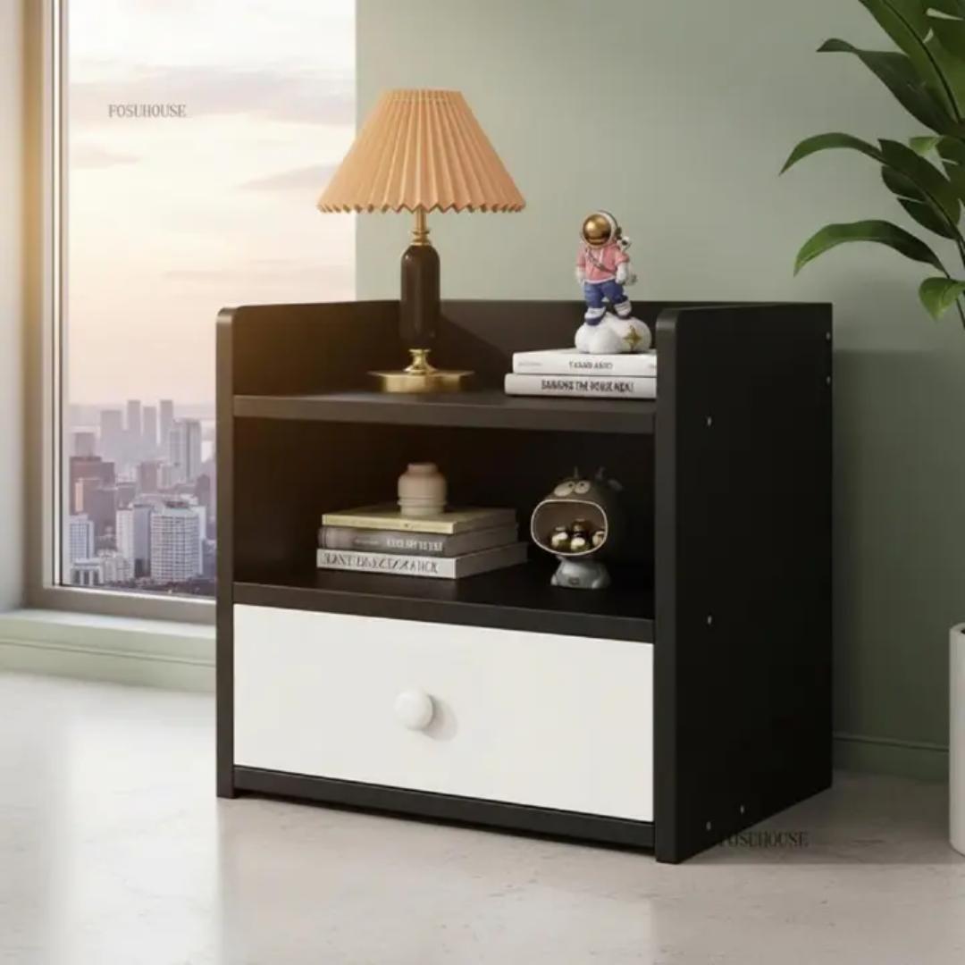 ​Modern & Stylish Nightstand Bedside Table with Storage Drawer and Open Shelves – Versatile Small Coffee Table/End Table for Bedroom, Living Room & Office – Sleek White & Grey Wood Grain Finish Furnit