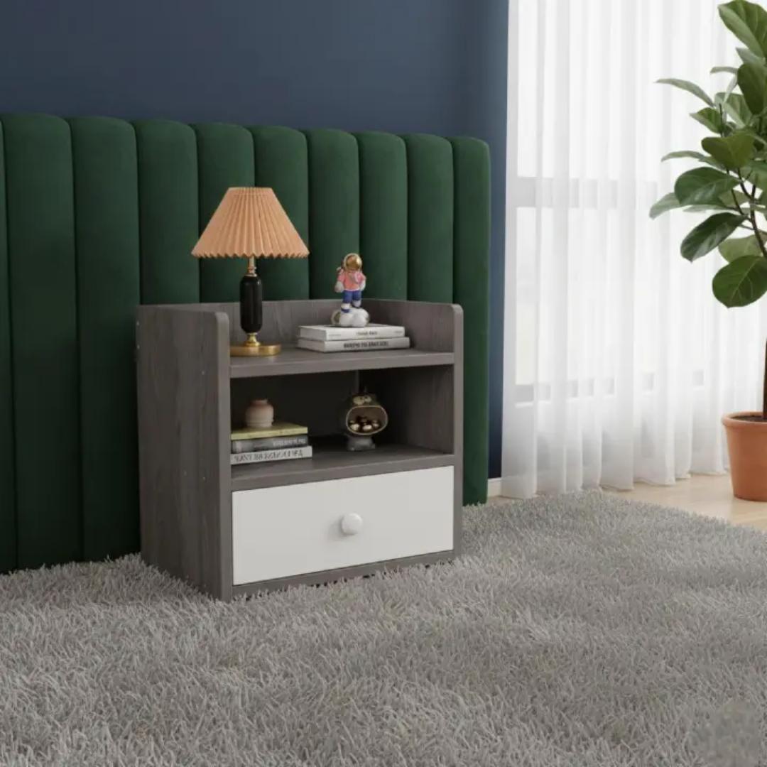 ​Modern & Stylish Nightstand Bedside Table with Storage Drawer and Open Shelves – Versatile Small Coffee Table/End Table for Bedroom, Living Room & Office – Sleek White & Grey Wood Grain Finish Furnit