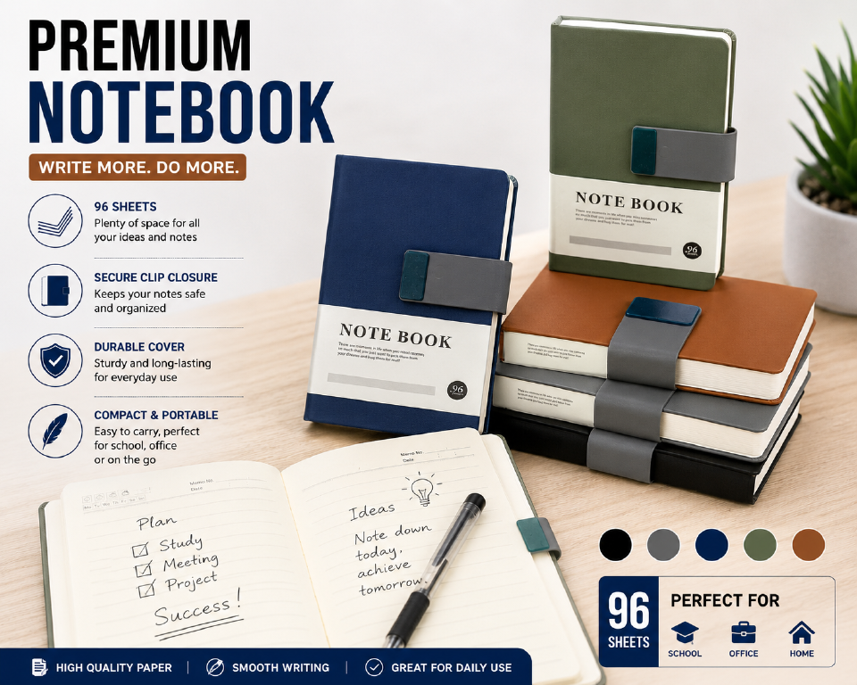 A6 Dunix 96 Sheets (192 Pages)  Premium Notebook with Secure Clip Closure - Compact & Durable Writing Journal for Office, School & Home