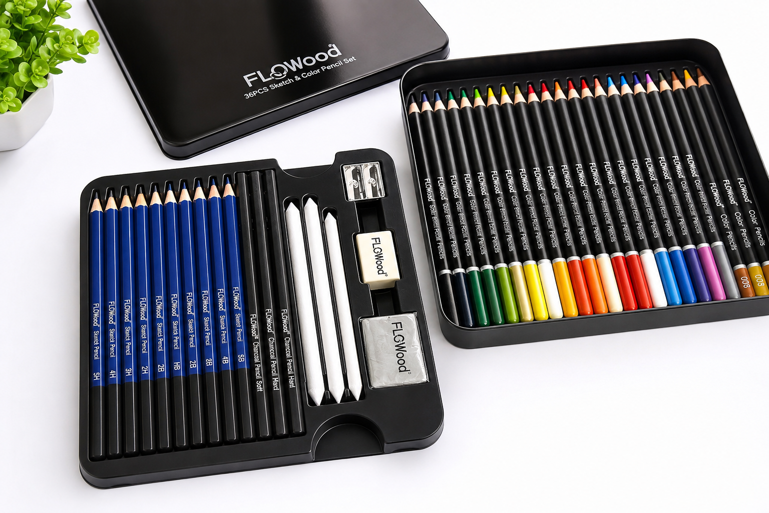 FLOWood 43-Piece Professional Drawing & Writing Pencil Set – Graphite, Charcoal & Color Pencils in Metal Case