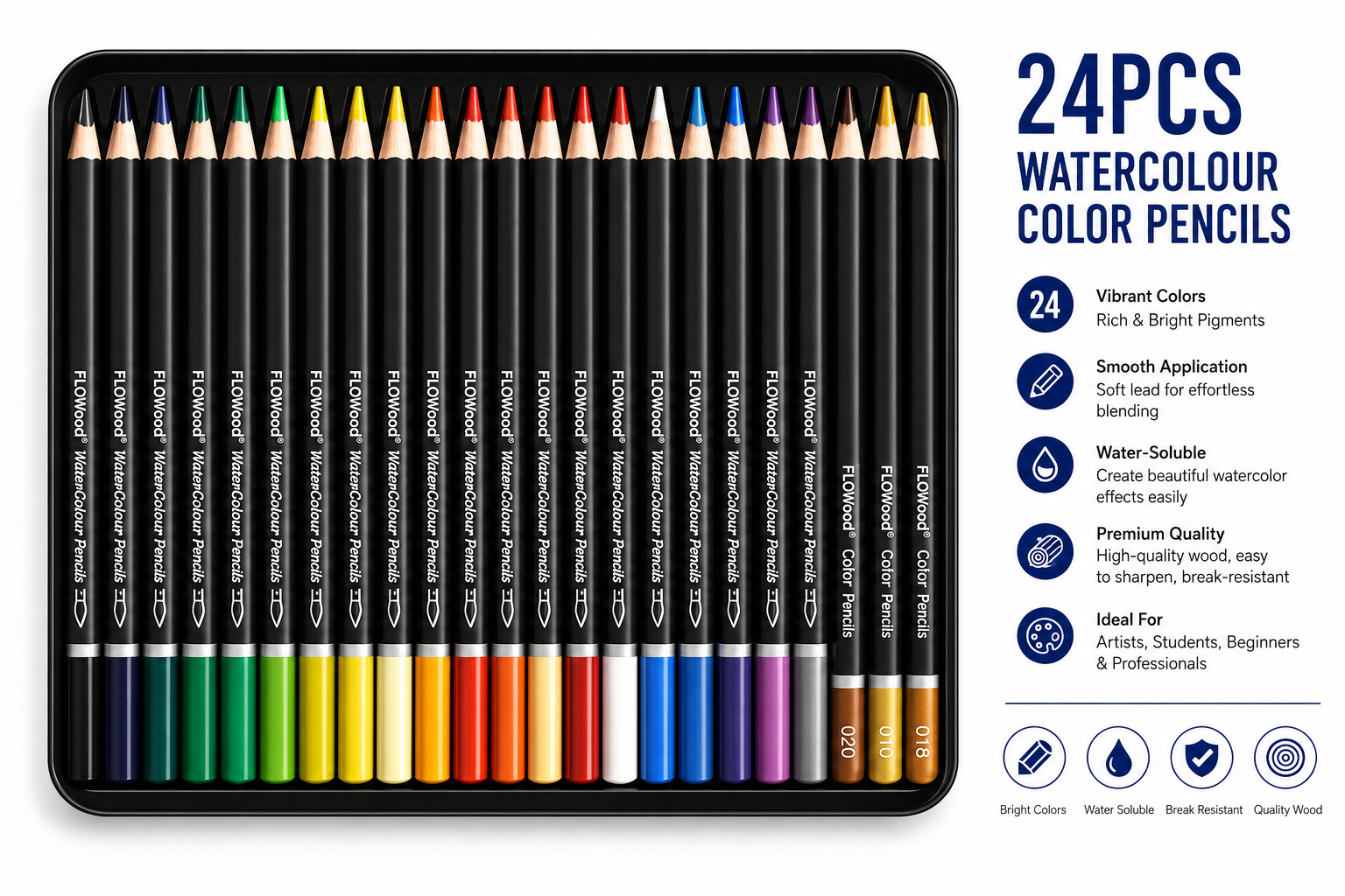 FLOWood 43-Piece Professional Drawing & Writing Pencil Set – Graphite, Charcoal & Color Pencils in Metal Case