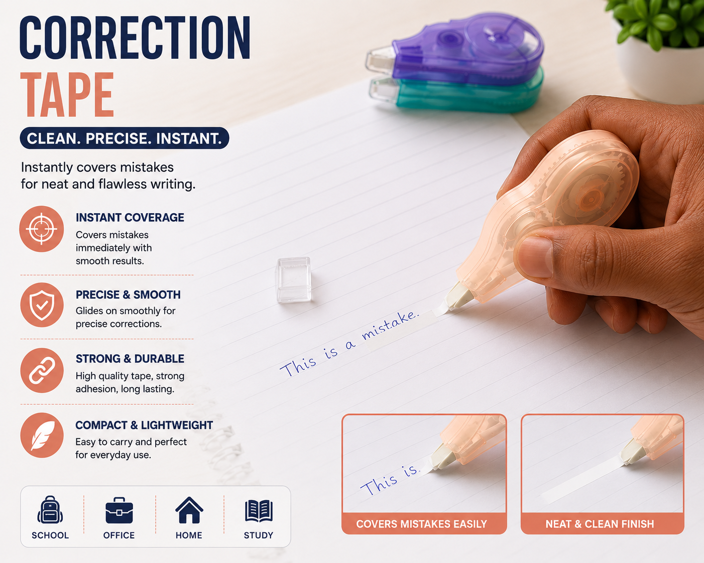 Correction Tape - Clean, Precise & Instant Whiteout Tape Dispenser for School & Office Supplies (Assorted Colors)