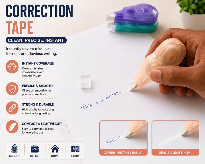 Correction Tape - Clean, Precise & Instant Whiteout Tape Dispenser for School & Office Supplies (Assorted Colors)