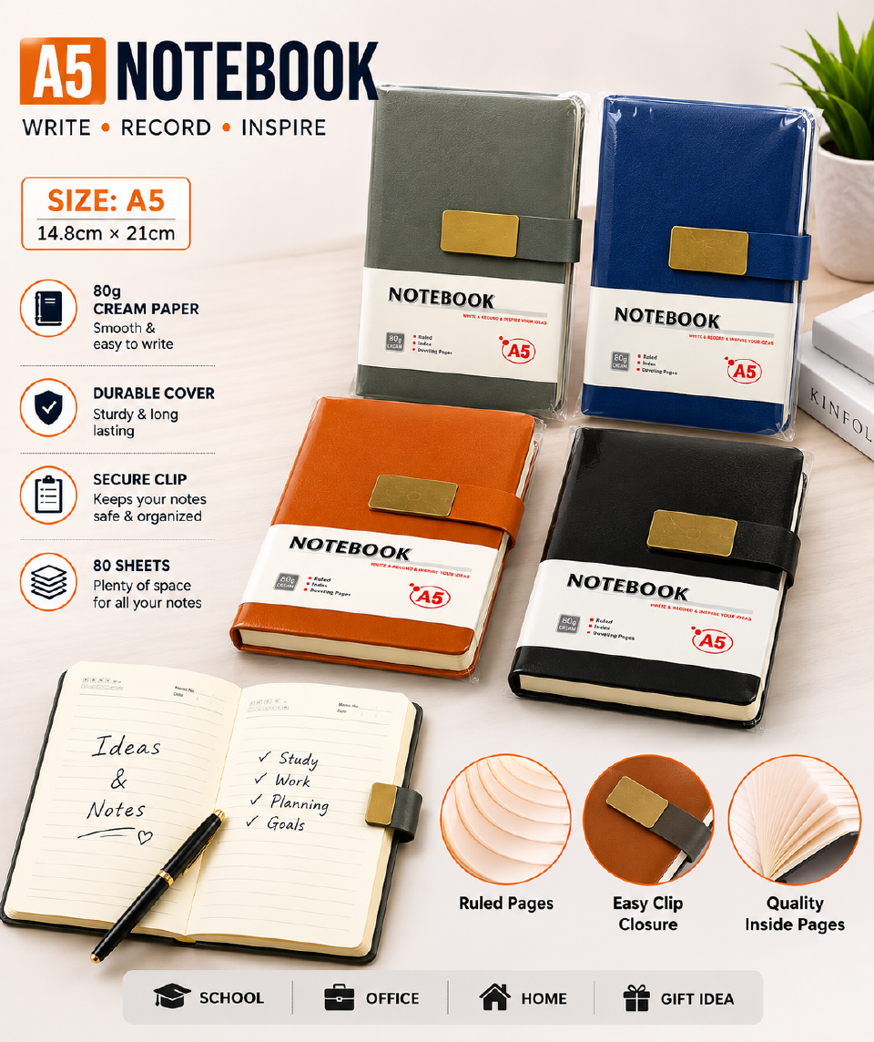 A6 Dunix 96 Sheets (192 Pages)  Premium Notebook with Secure Clip Closure - Compact & Durable Writing Journal for Office, School & Home
