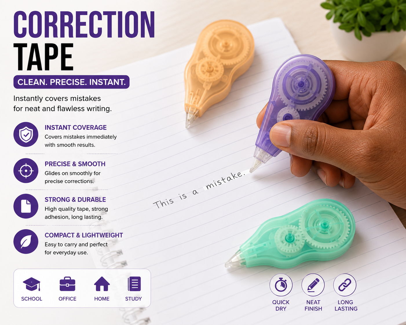 Correction Tape - Clean, Precise & Instant Whiteout Tape Dispenser for School & Office Supplies (Assorted Colors)