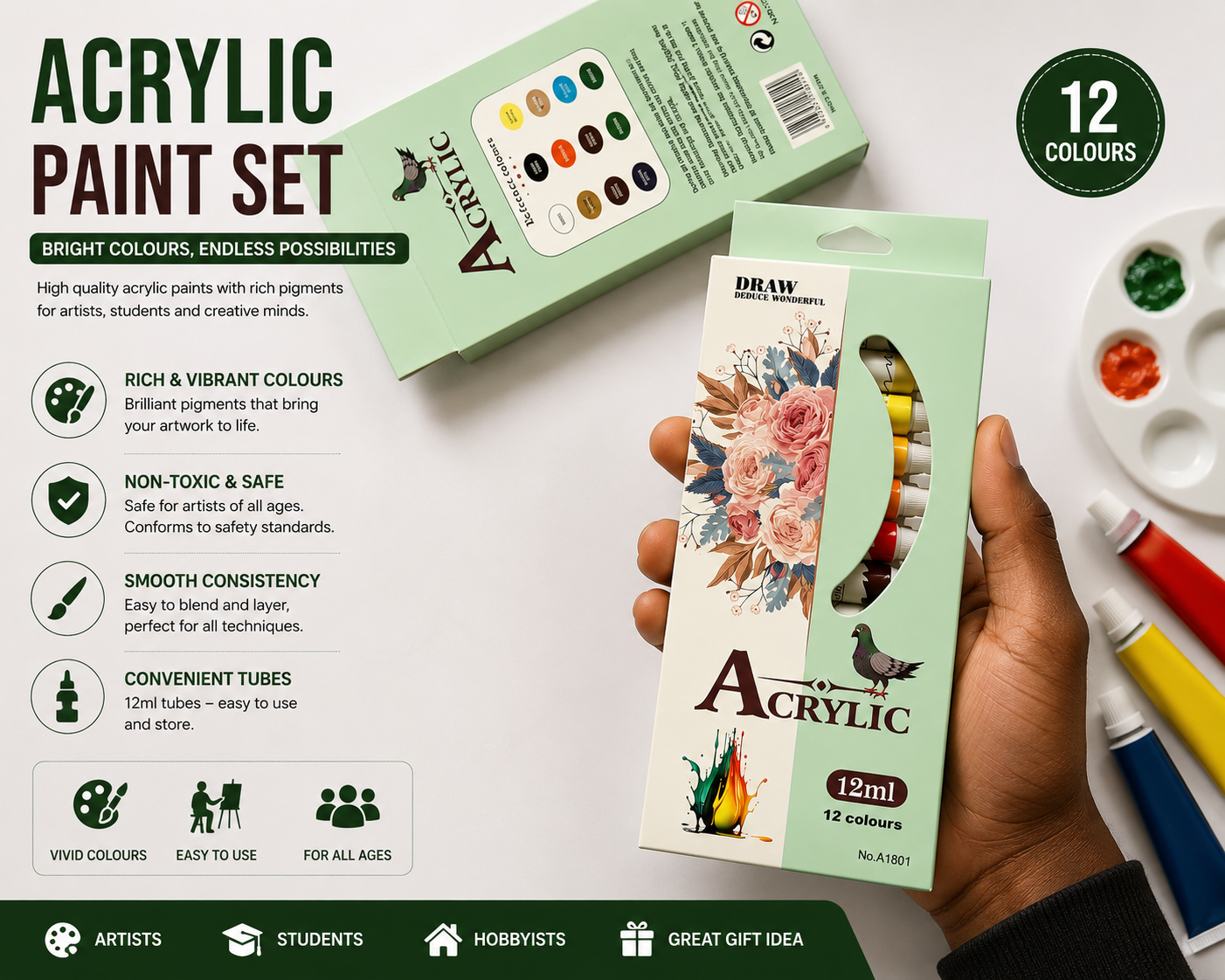 12 Colors (12ml x 12) Acrylic Paint Set - Premium Art Painting Colors for Canvas, Wood & Crafts