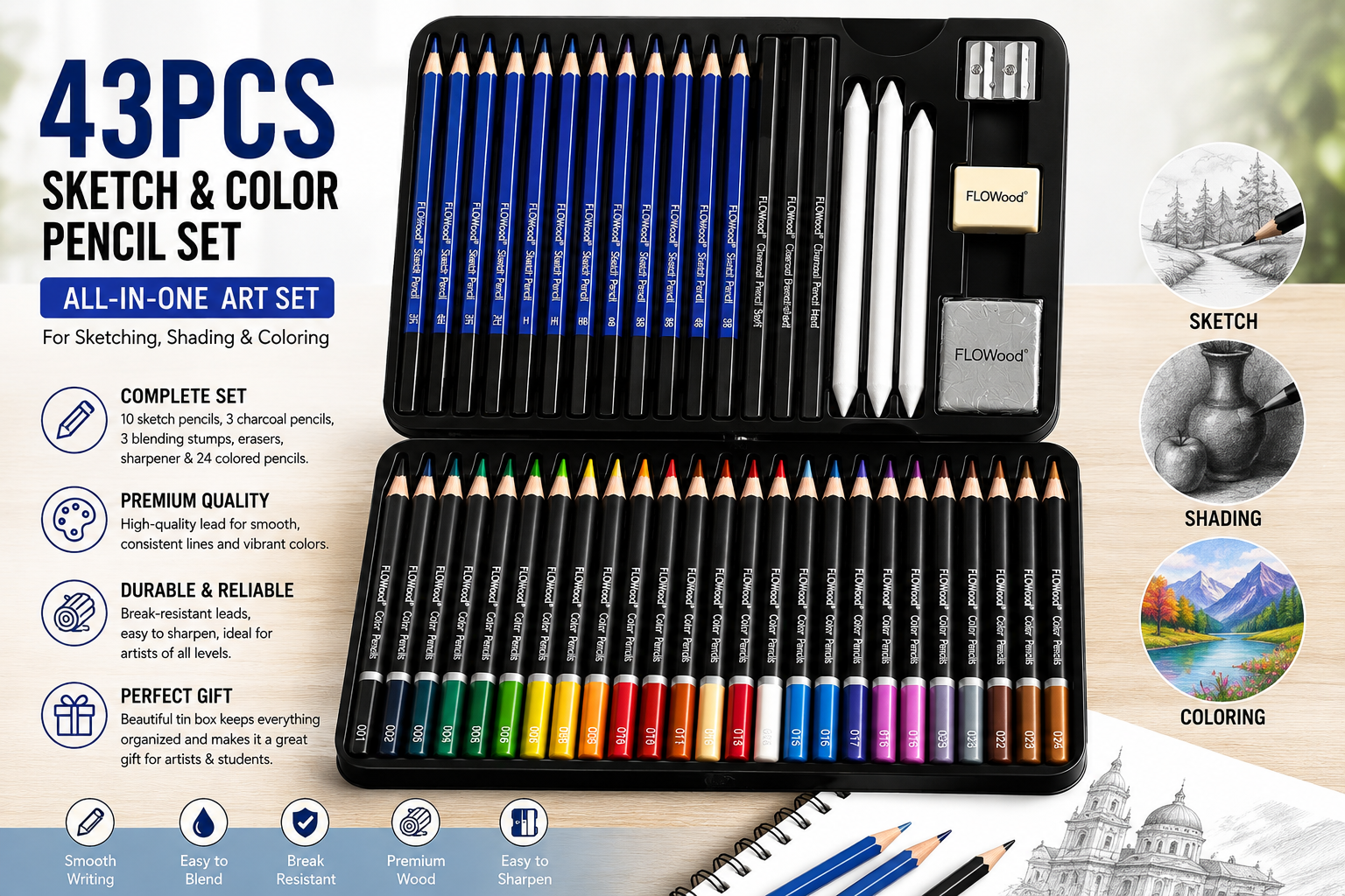 FLOWood 43-Piece Professional Drawing & Writing Pencil Set – Graphite, Charcoal & Color Pencils in Metal Case