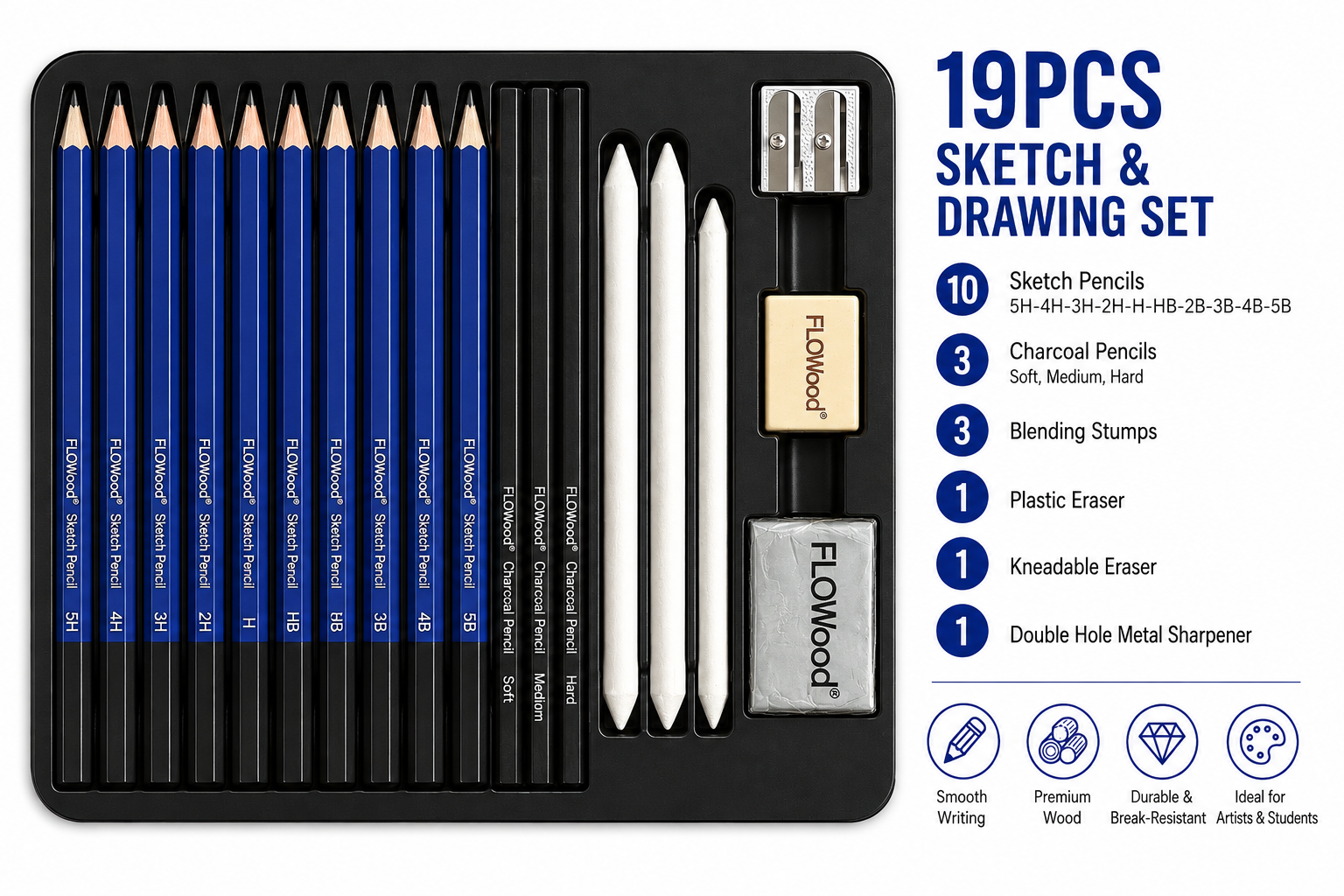 FLOWood 43-Piece Professional Drawing & Writing Pencil Set – Graphite, Charcoal & Color Pencils in Metal Case