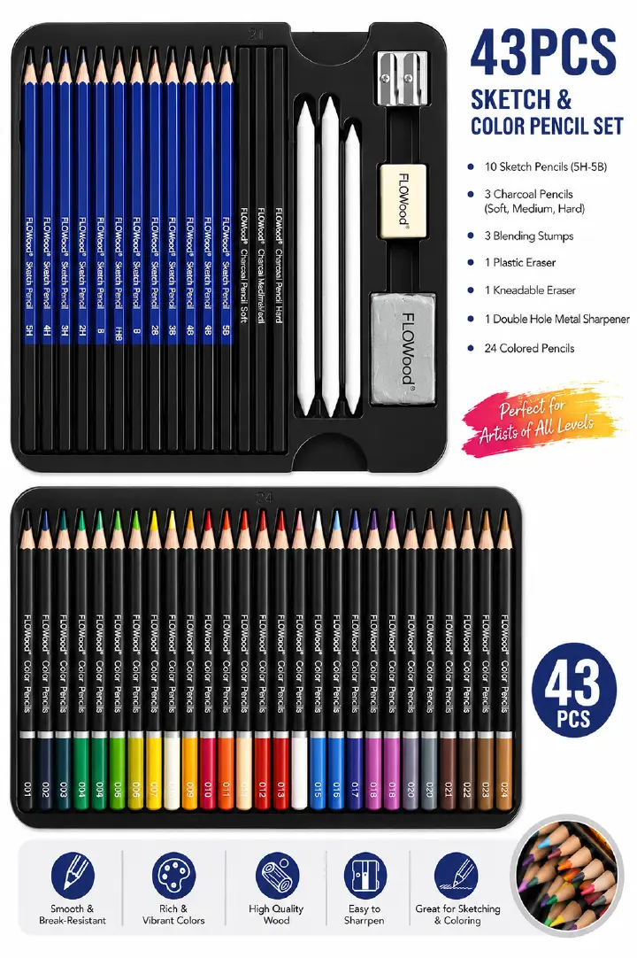 FLOWood 43-Piece Professional Drawing & Writing Pencil Set – Graphite, Charcoal & Color Pencils in Metal Case