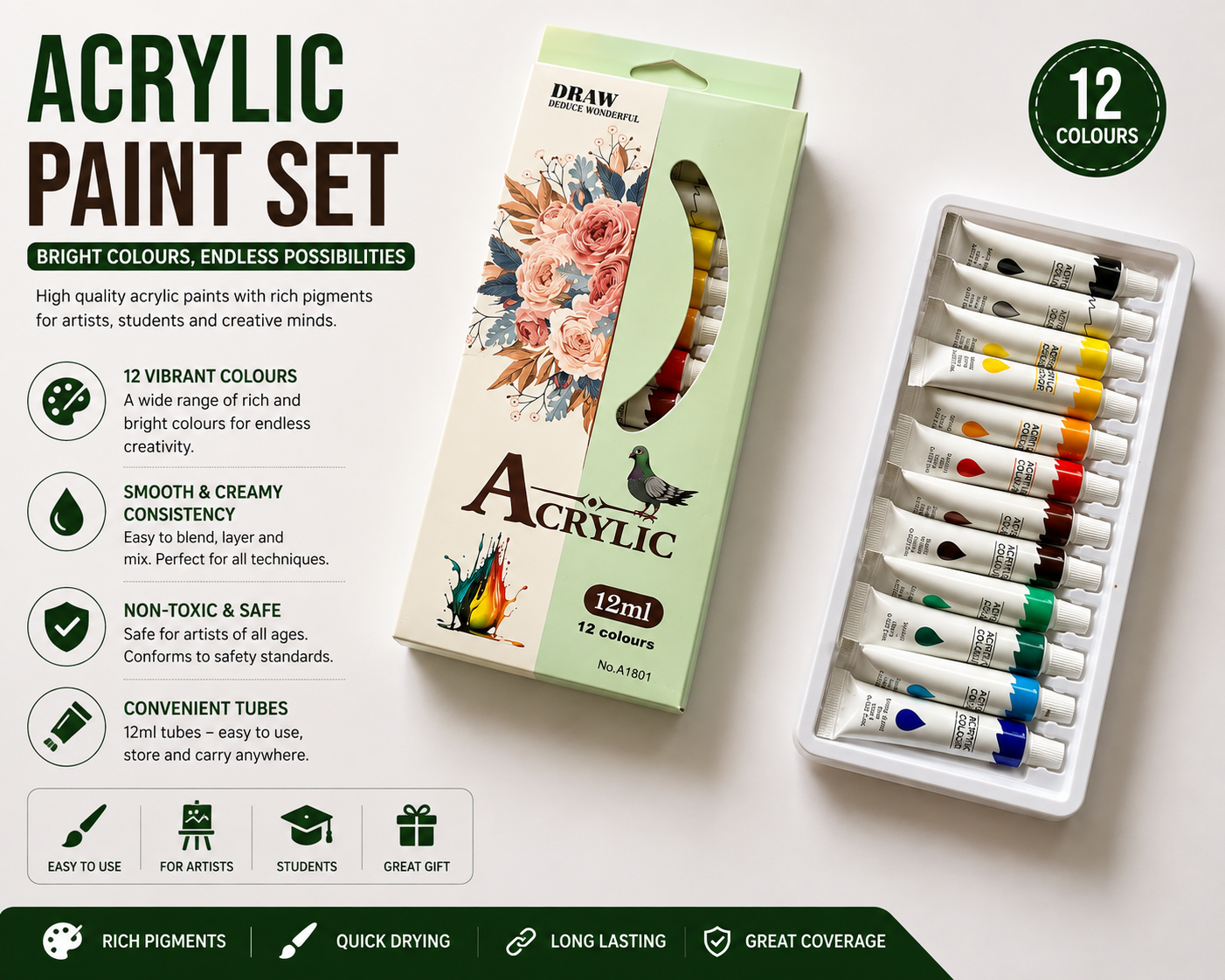 12 Colors (12ml x 12) Acrylic Paint Set - Premium Art Painting Colors for Canvas, Wood & Crafts
