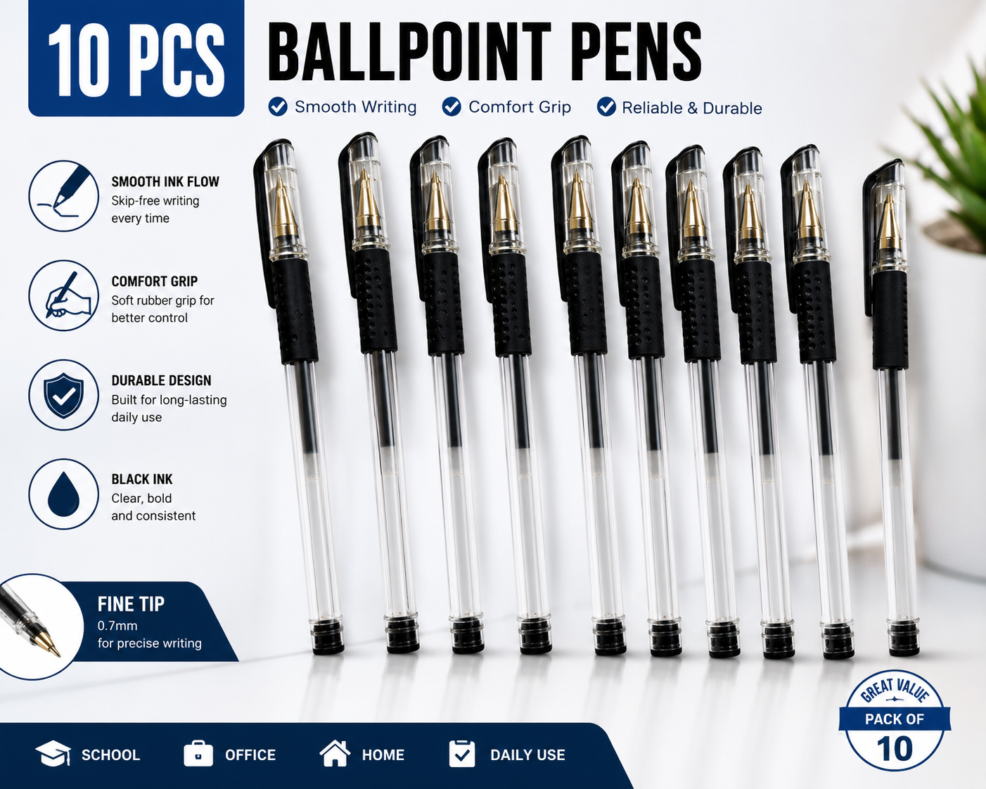 10 Pcs Black Gel Ballpoint Pens - Smooth Writing with Comfort Grip, Reliable & Durable Pens for Office & School