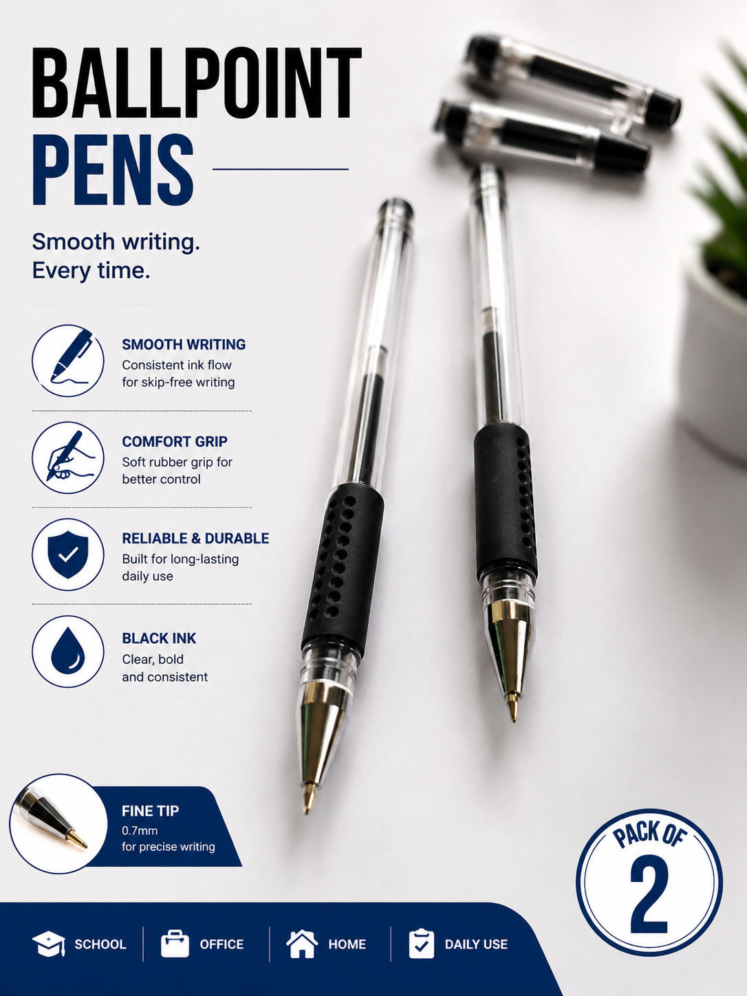 10 Pcs Black Gel Ballpoint Pens - Smooth Writing with Comfort Grip, Reliable & Durable Pens for Office & School