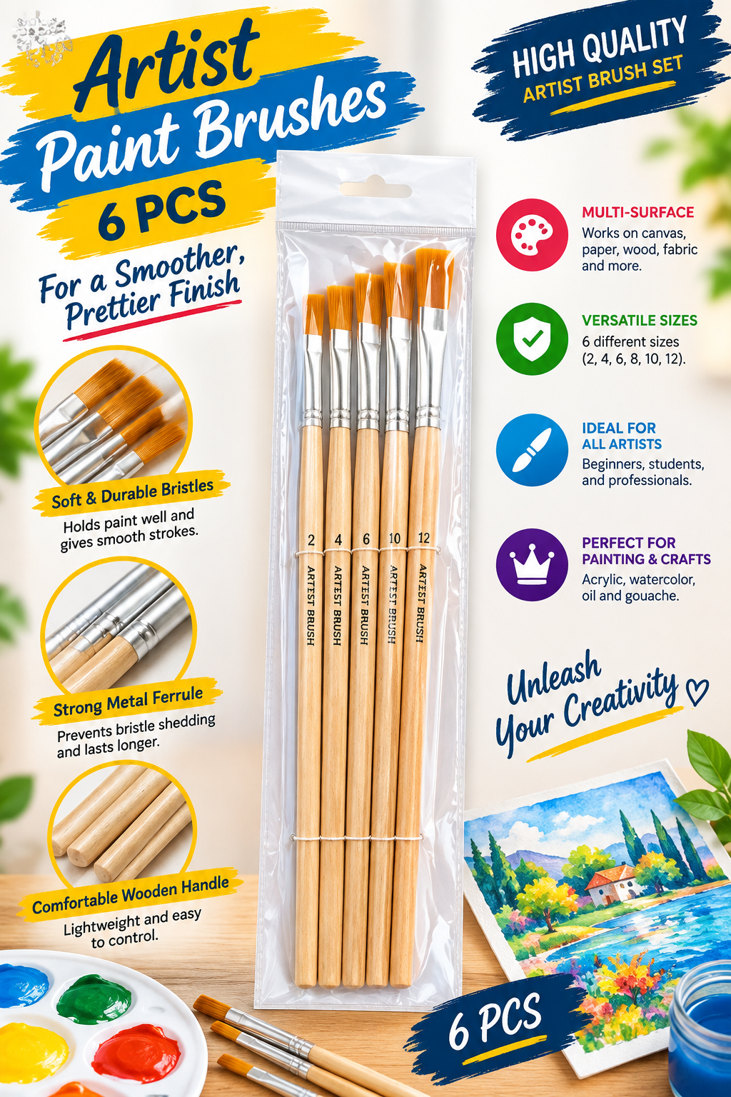 12 Pcs Artist Brush Set - Multi-Shaped Painting Brushes with Aluminum Ferrule for Acrylic, Watercolor & Oil Painting