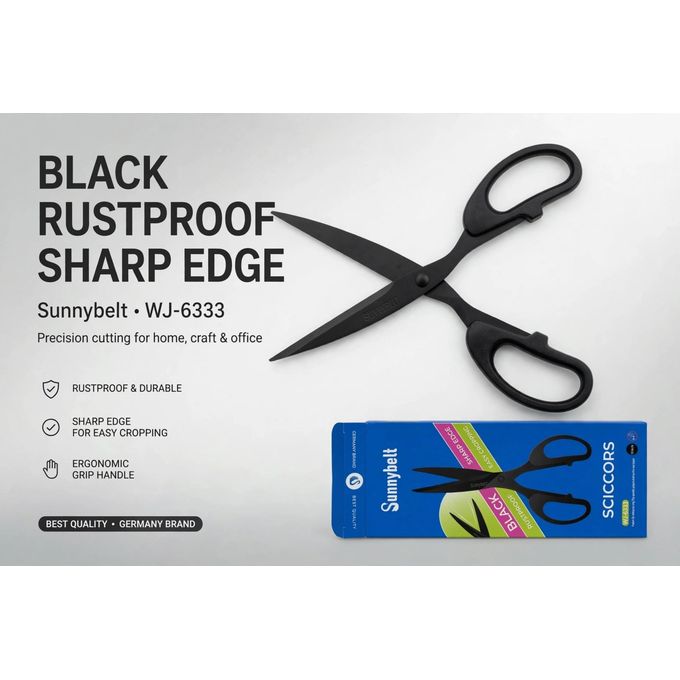 Sunnybelt WJ-6333 8.5" Black Rustproof Scissors - Sharp Edge & Ergonomic Grip for Office, Home & Craft