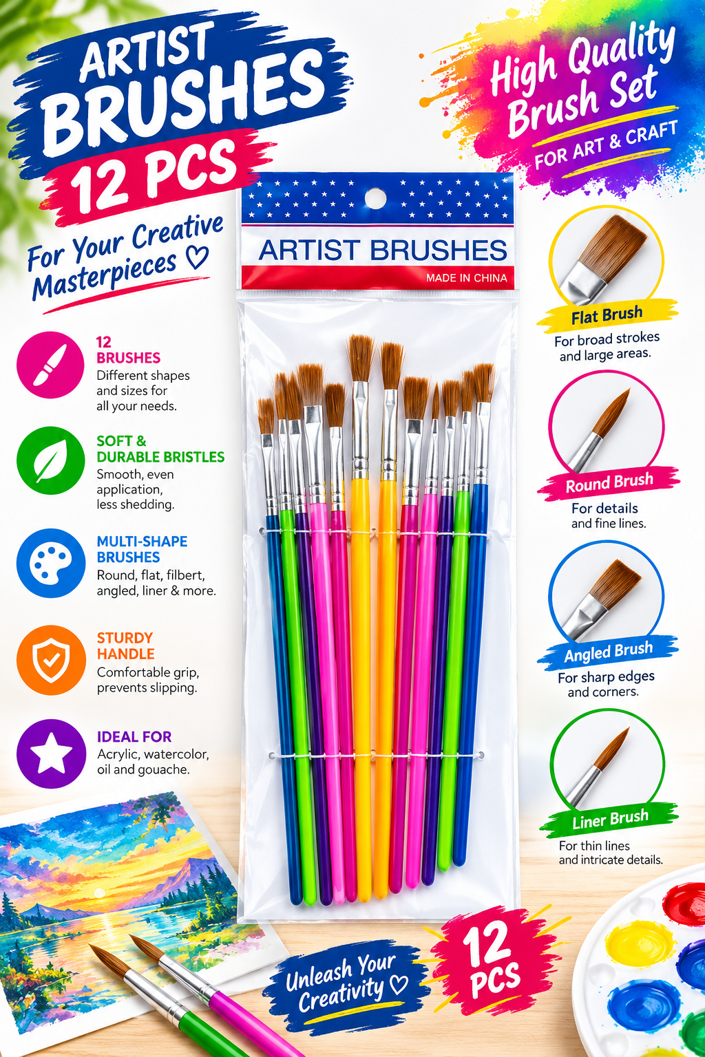 12 Pcs Artist Brush Set - Multi-Shaped Painting Brushes with Aluminum Ferrule for Acrylic, Watercolor & Oil Painting