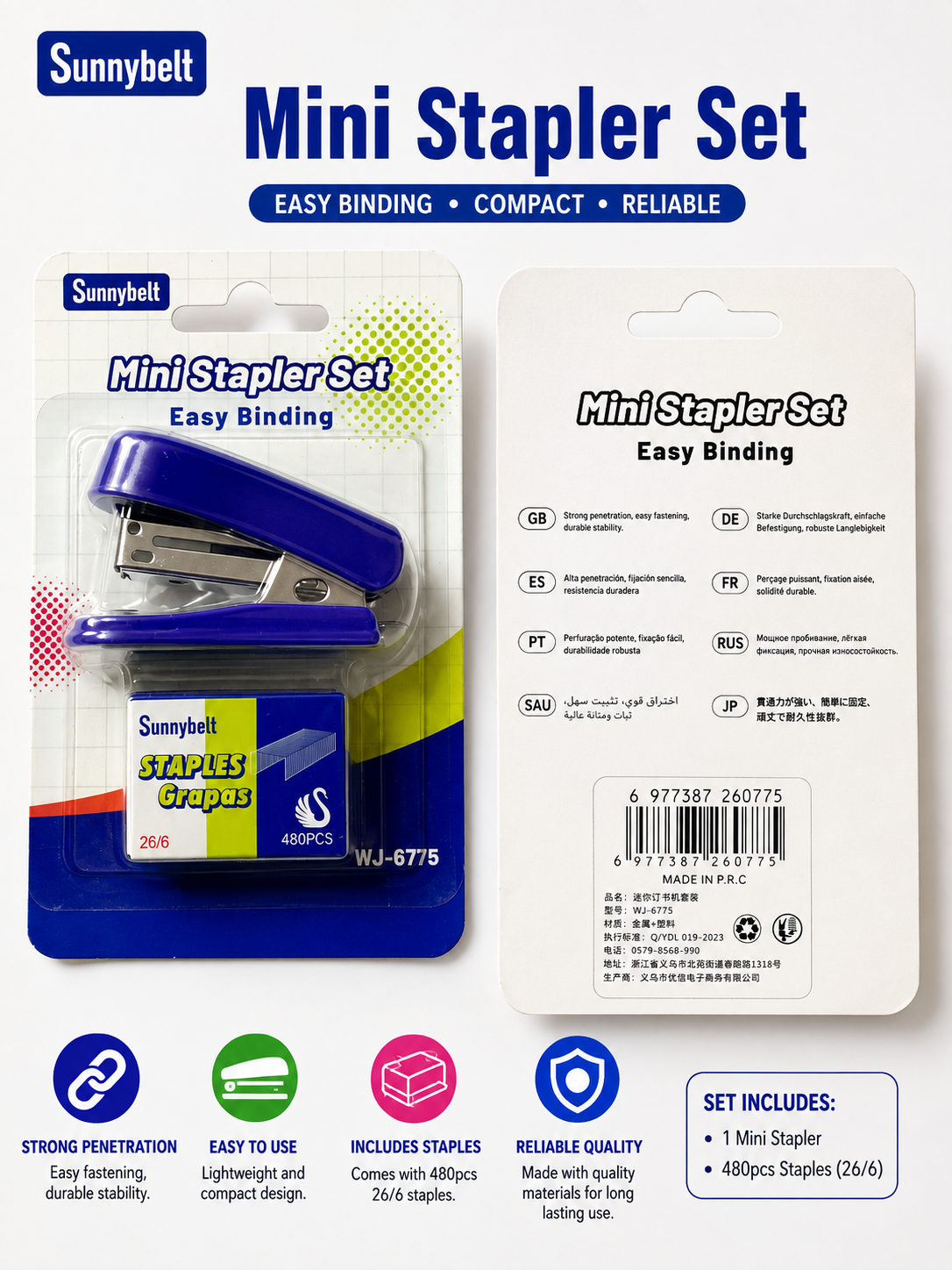 Sunnybelt Mini Stapler Set with 480 Staples - Easy Binding Portable Desktop Stapler for Office, School & Home
