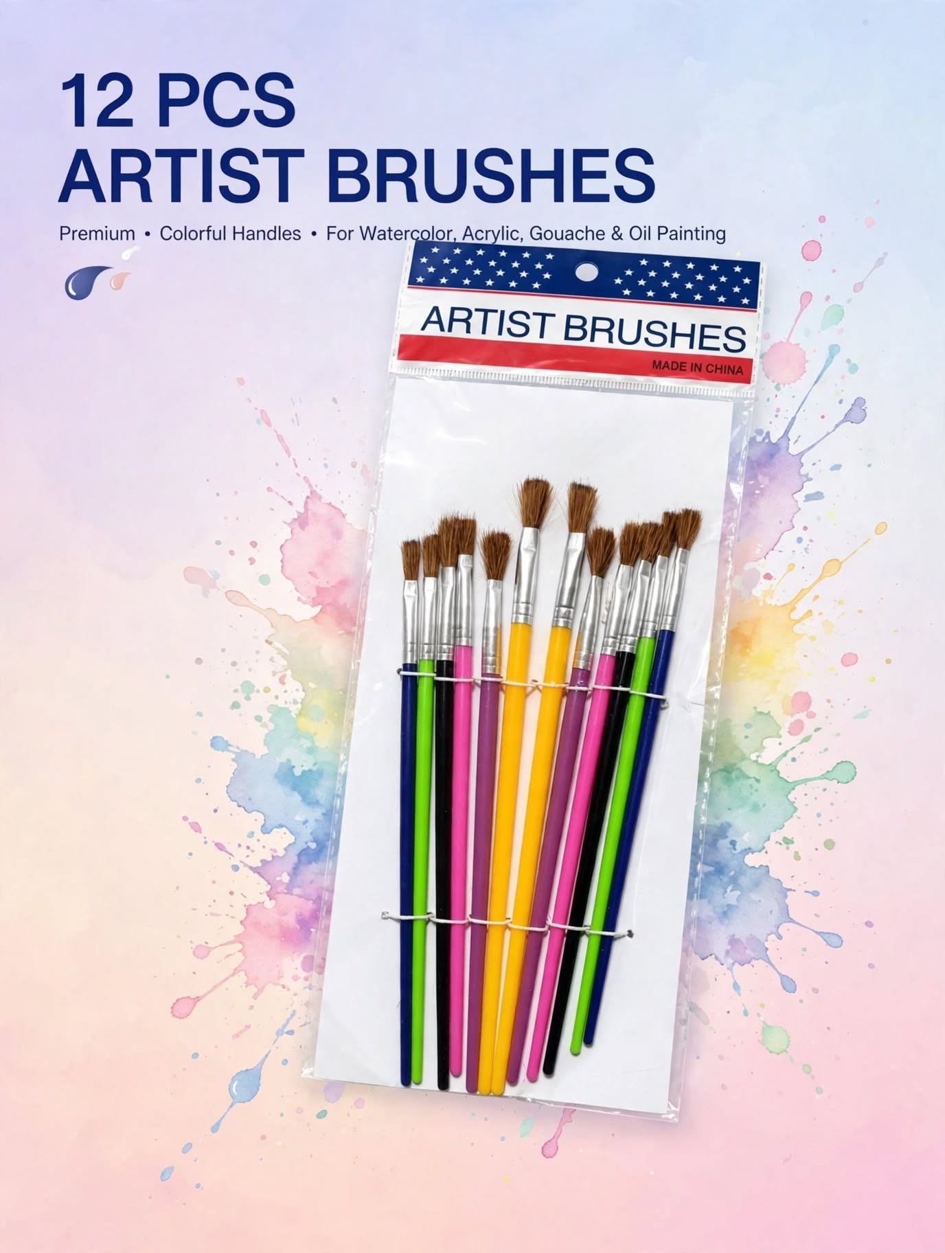 12 Pcs Artist Brush Set - Multi-Shaped Painting Brushes with Aluminum Ferrule for Acrylic, Watercolor & Oil Painting