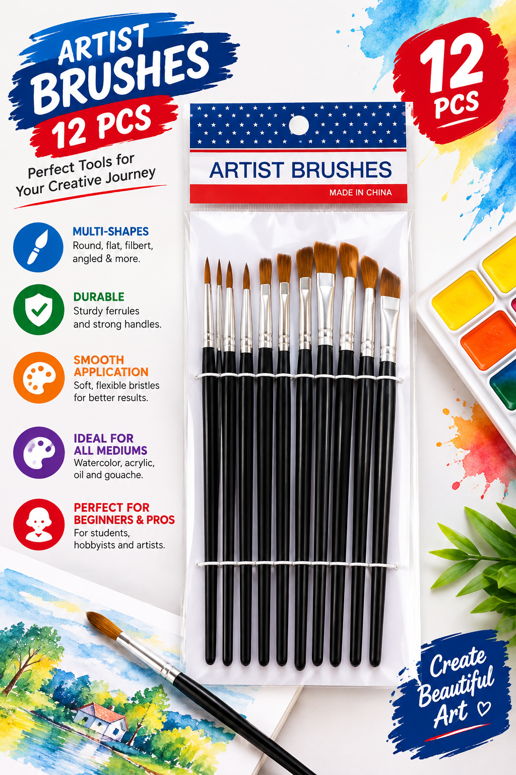 12 Pcs Artist Brush Set - Multi-Shaped Painting Brushes with Aluminum Ferrule for Acrylic, Watercolor & Oil Painting