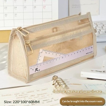 Mesh pencil bag Double-layer large-capacity transparent stationery bag Special pencil bag for student exams