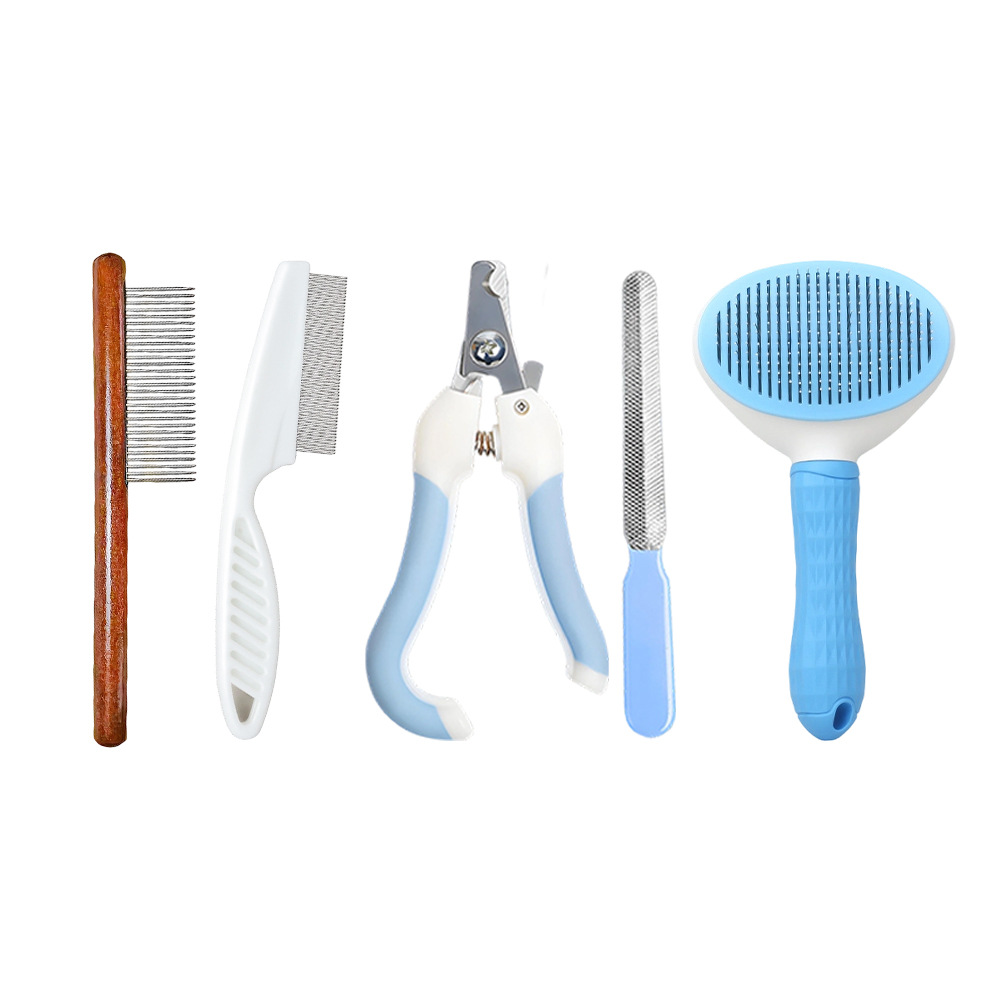 Pet Grooming 5-Piece Kit – Dog Bathing, Massage, Combing & Cleaning Set with Nail Clipper, Flea Comb & Grooming Tools | Manual Pet Grooming Essentials for Dogs