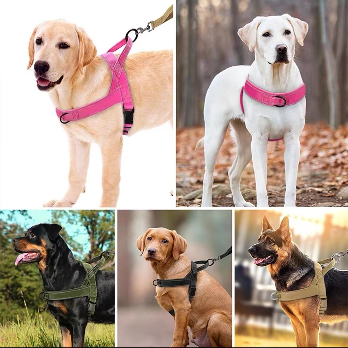 actical Dog Harness / Vest-Style Collar – Nylon Anti-Pull Harness for Large Dogs | Adjustable? S–XL | Black, Khaki, Army Green, Pink | For German Shepherd, Golden Retriever, Border Collie & More