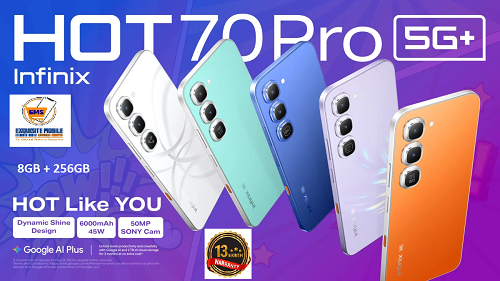 Infinix Hot 70 Pro 5G 256GB+16(8+8)GB 6.76" 144Hz AMOLED Display 50MP Camera 6000mAh Battery 45W Fast Charging IP68 Rated Android 16 Smart Ai Smartphone, 13 MONTHS WARRANTY.