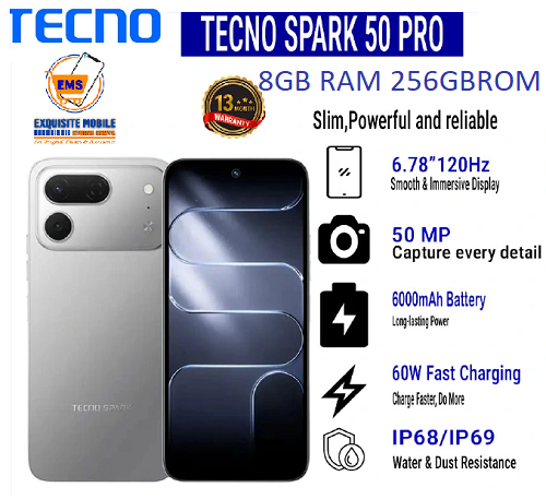 TECNO SPARK 50 256GB+8GB 6.78" 120Hz Phone Dynamic Port 50MP Dual Speaker 6000mAh 18W Type-C Dual SIM 4G Side Fingerprint Smart AI Phones 13 Months Warranty.