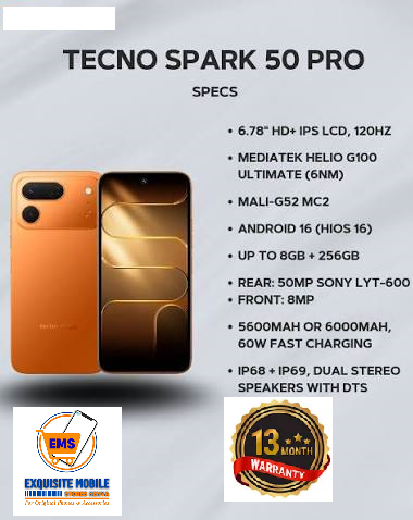 TECNO SPARK 50 Pro 128GB ROM + 4GB RAM, 6.78" 120Hz 4G Smartphone, 6000mAh Battery, 60W Fast Charging, 50MP Camera, Android 16, IP68/IP69 13 Months Warranty.