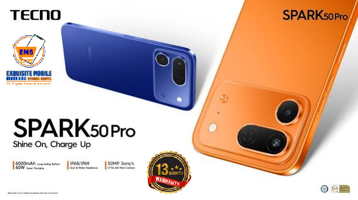 TECNO SPARK 50 Pro 128GB ROM + 4GB RAM, 6.78" 120Hz 4G Smartphone, 6000mAh Battery, 60W Fast Charging, 50MP Camera, Android 16, IP68/IP69 13 Months Warranty.