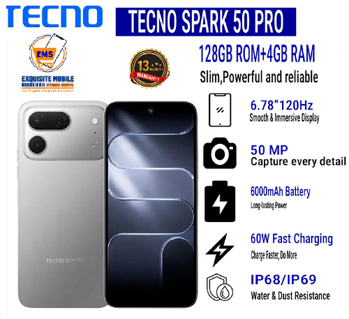 TECNO SPARK 50 Pro 128GB ROM + 4GB RAM, 6.78" 120Hz 4G Smartphone, 6000mAh Battery, 60W Fast Charging, 50MP Camera, Android 16, IP68/IP69 13 Months Warranty.