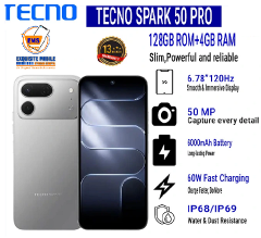 TECNO SPARK 50 Pro 128GB ROM + 4GB RAM, 6.78" 120Hz 4G Smartphone, 6000mAh Battery, 60W Fast Charging, 50MP Camera, Android 16, IP68/IP69 13 Months Warranty.