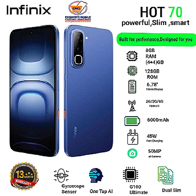 Infinix Hot 70 8(4+4)GB RAM+128GB 6.78'' 120Hz 4G Slim Phone Dual SIM 6000mAh 45W Fast Charging 50MP Camera Side Fingerprint Lock IP64 Gyroscope G100 Ultimate One-Tap AI Smart Phones 13MONTHS WARRANTY