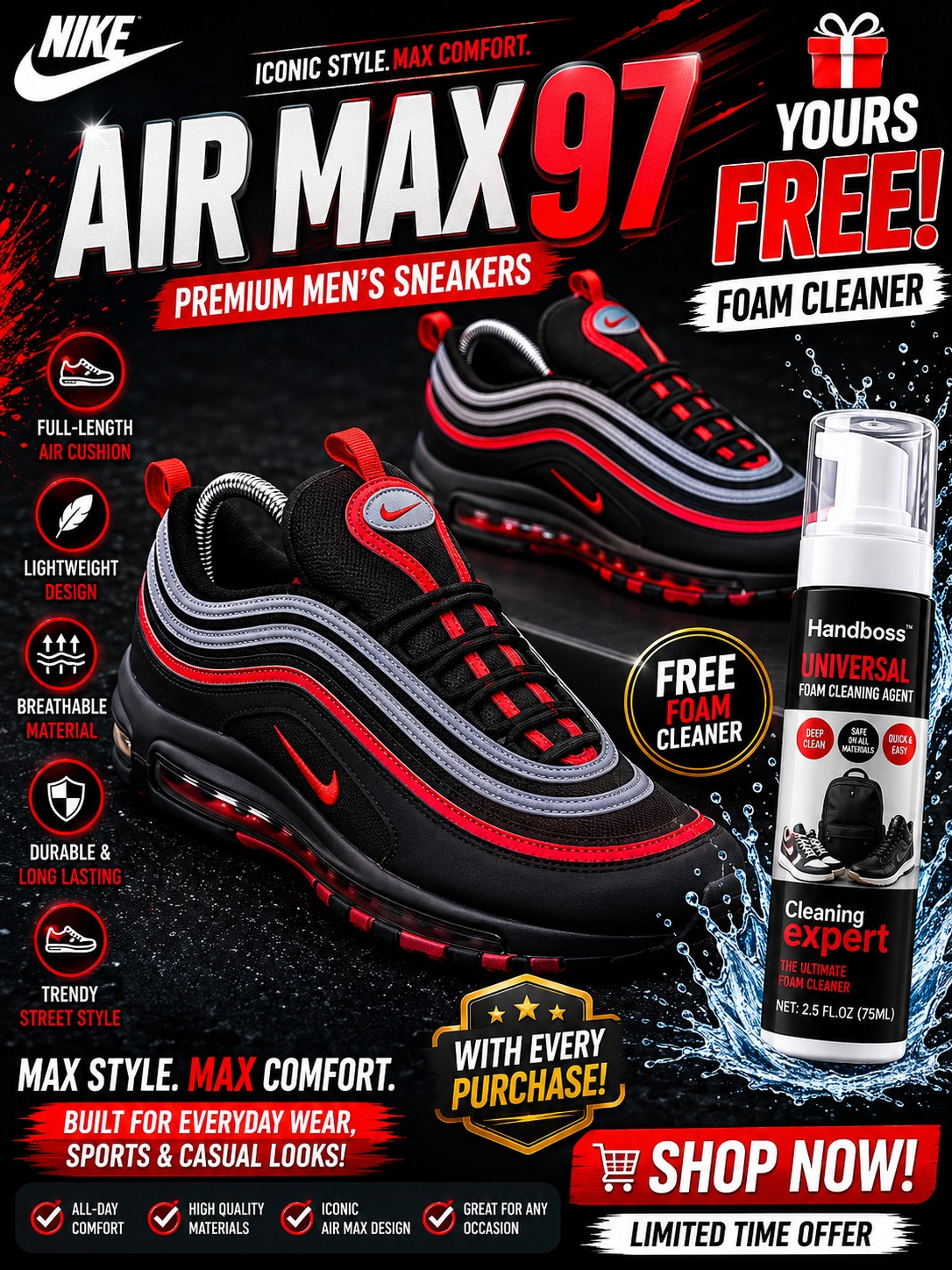 🔥 (Free Foam Cleaner Gift) 🔥 Air Max 97 Black Red  Men’s Sneakers – Men’s Cushioned Running Shoes, Streetwear Trainers, Comfortable Sports Shoes, Casual Fashion Sneakers with Air Sole Unit,