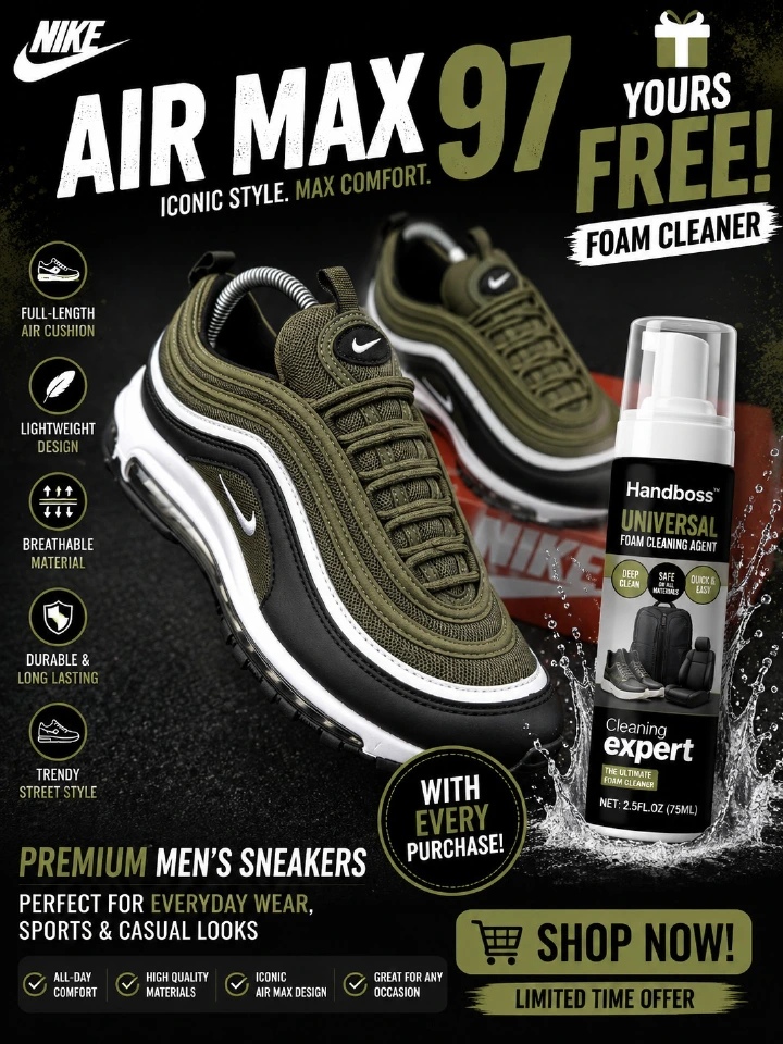 🔥 (Free Foam Cleaner Gift) 🔥 Air Max 97 Olive Green Men’s Sneakers – Men’s Cushioned Running Shoes, Streetwear Trainers, Comfortable Sports Shoes, Casual Fashion Sneakers with Air Sole Unit,