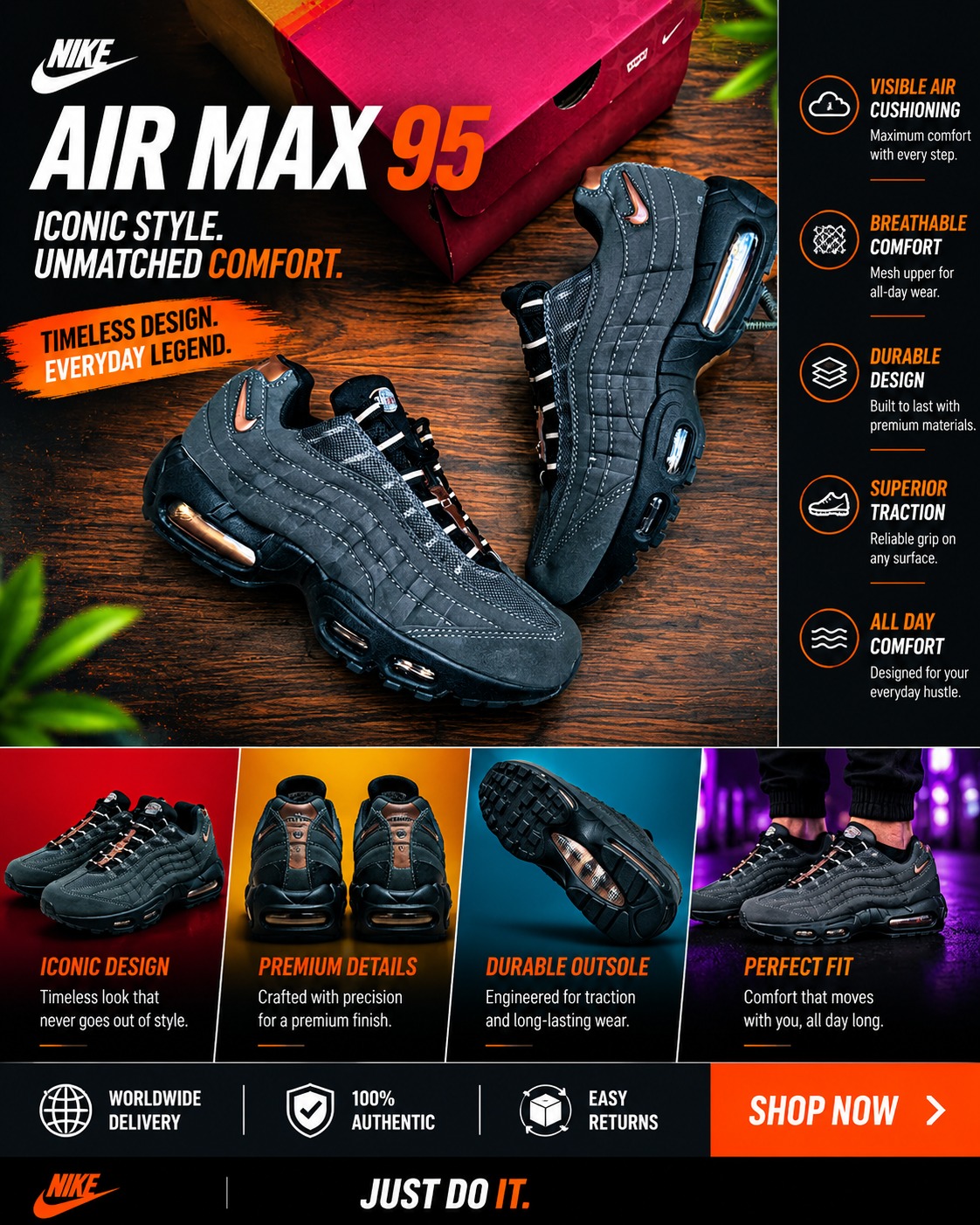🔥  Air Max 95 Gray Sneakers – Men’s Cushioned Running Shoes, Streetwear Trainers, Comfortable Sports Shoes, Casual Fashion Sneakers with Air Sole Unit, (airforce 1, airmax 90, 97, tn, dn, jordan, )