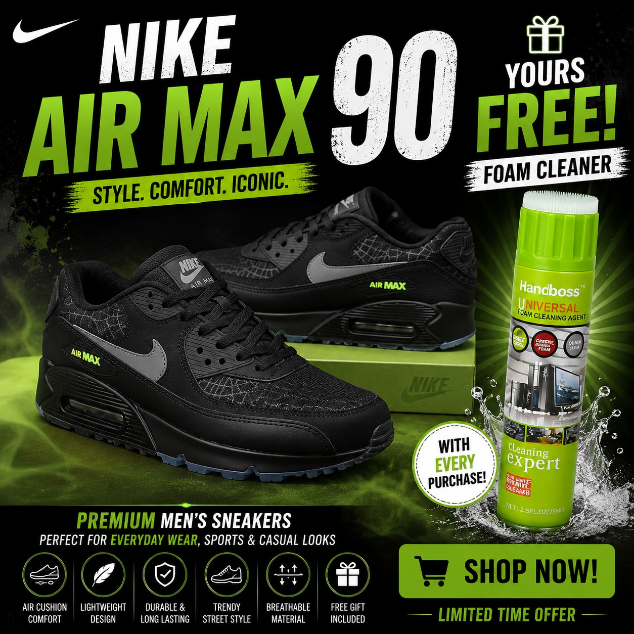 🔥 (Free Foam Cleaner Gift) 🔥 Air Max 90 Neon Green Web Men’s Sneakers – Men’s Cushioned Running Shoes, Streetwear Trainers, Comfortable Sports Shoes, Casual Fashion Sneakers with Air Sole Unit,