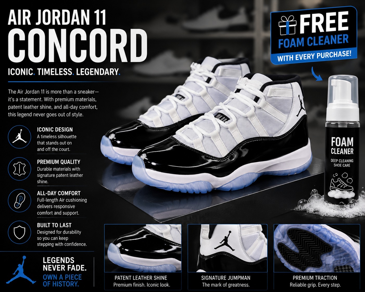 🔥 (free foam cleaner) 🔥 Air jordan 11 Concord Retro  Men’s Sneakers – Men’s Cushioned Running Shoes, Streetwear Trainers, Comfortable Sports Shoes, Casual Fashion Sneakers with Air Sole Unit,