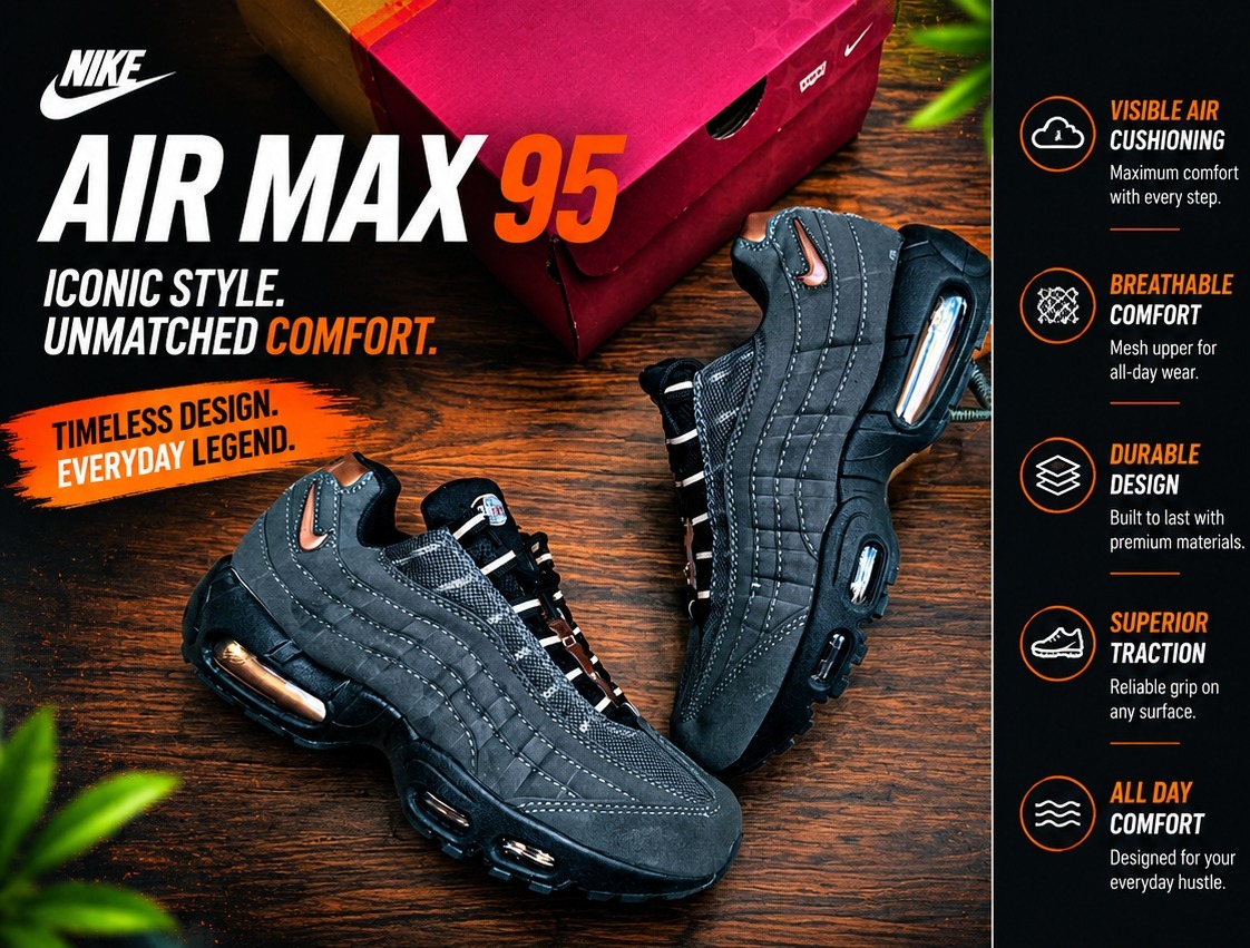 🔥  Air Max 95 Gray Sneakers – Men’s Cushioned Running Shoes, Streetwear Trainers, Comfortable Sports Shoes, Casual Fashion Sneakers with Air Sole Unit, (airforce 1, airmax 90, 97, tn, dn, jordan, )